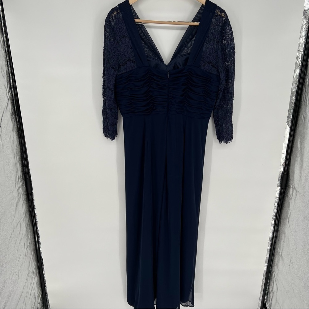 Alex Evenings Navy Blue Ruched Twist Column Bodice Lace Sleeve Maxi Dress Gown - Picture 4 of 14